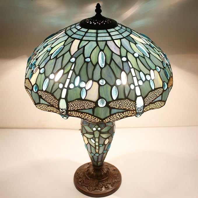 WERFACTORY Tiffany Table Lamp Sea Blue Stained Glass Dragonfly Style 16X16X24 Inches Mother-Daughter Vase Desk Reading Light Decor Bedroom Living Room Home Office S147 Series
