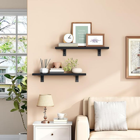 HOOBRO Floating Shelves for Wall, 15.4" Wall Mounted Shelves Set of 2, Hanging Storage Shelf with Metal Brackets, Wooden Shelf for Living Room, Bedroom, Bathroom, Black BK42BJP201G1