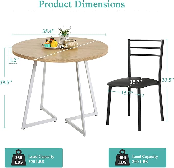 VECELO Round Dining Table Set for 4, Wood Tabletop & Heavy-Duty Steel Frame, 8-Piece Dinette with Chairs for Kitchen, Breakfast Nook, Natural & White