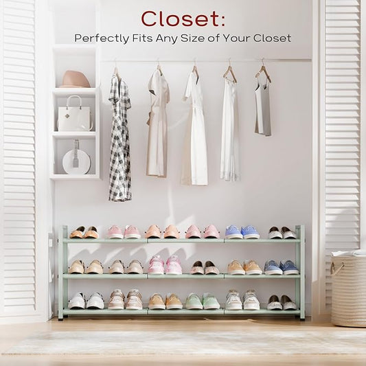 Bumusty 3-Tier Long Expandable Shoe Rack for Closet, 18"-44" Adjustable Shoe Rack for Entryway, 15-18 Pairs Large Shoe Organizer Shelf Storage, Sturdy Metal, Green
