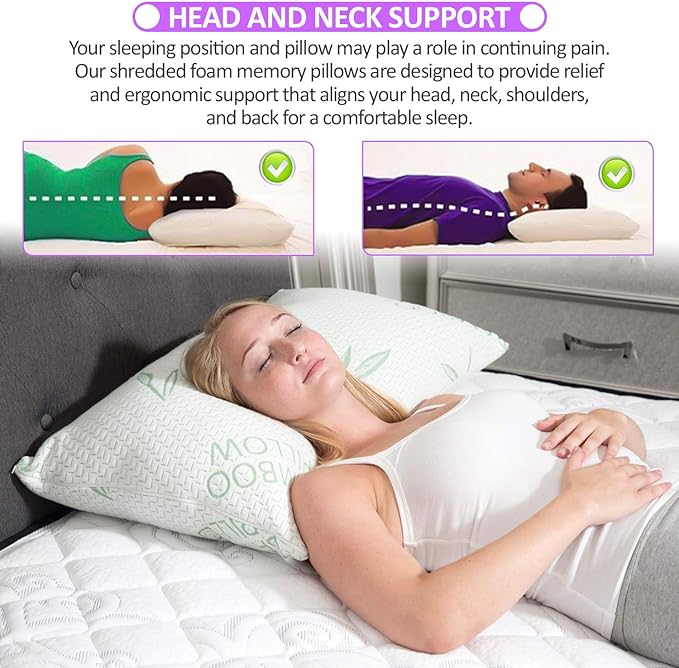 Queen Size Rayon Derived from Bamboo Pillow for Sleeping, Cooling Shredded Memory Foam Bed Pillows Set – Back, Stomach, Side Sleepers, Removable Cover, Adjustable to Firm / Soft, Queen (Pack of 1)