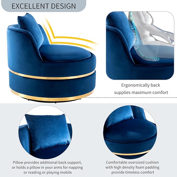 Merax 360° Swivel Accent Chair 32.6" Velvet Modern Upholstered Barrel Chair Comfy Soft Round Reading Sofa Chair with Seat Cushion for Living Room, Bedroom, Office, Apartment (Blue)