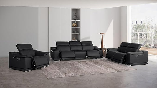 BlackJack Furniture Venice Top Grain Italian Leather Recliner 6 Seater 5 Power 3 Piece Sofa Set with Adjustable Headrests Modern Luxury Seating Sofa, Loveseat and Chair for Living Room Lounge, Black