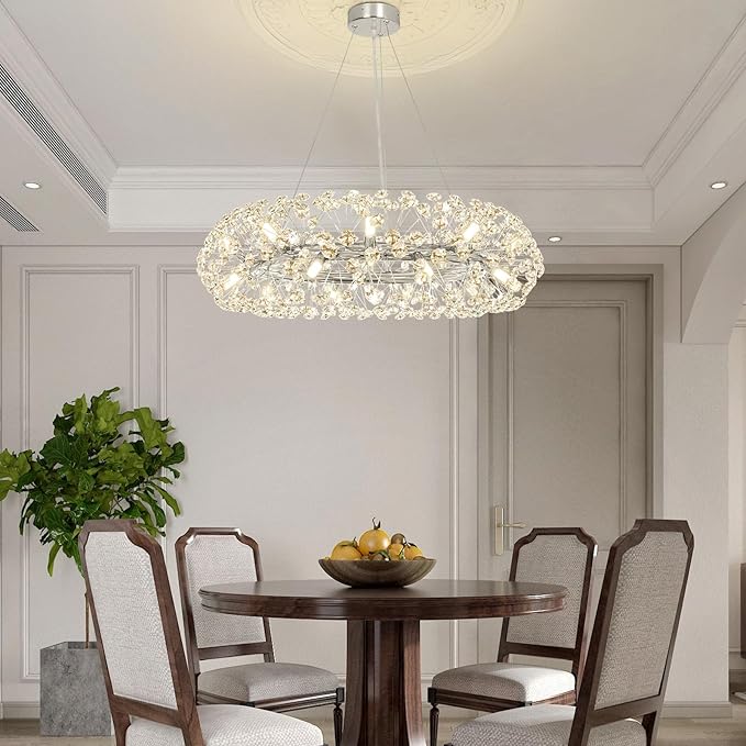 Depuley 20-Light Modern Silver Crystal Chandelier, 26.8" Firework Crystal Ring Chandeliers, Round Dandelion Chandelier, Sputnik Ceiling Pendant Light Fixtures for Dining Room(G9 Bulbs Included)