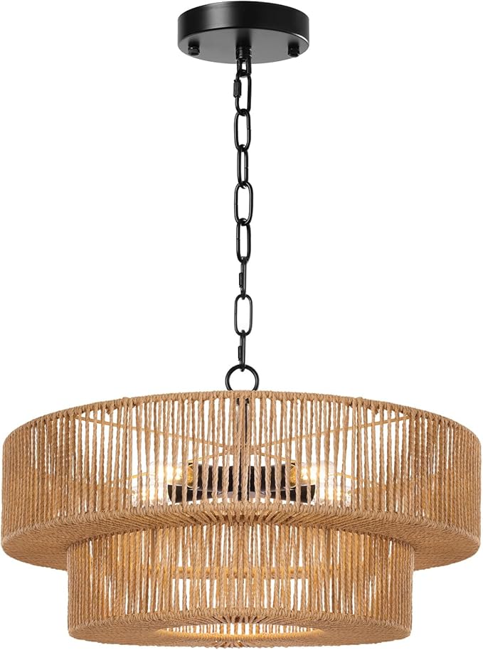 LamQee 22 Inch Farmhouse Rattan Chandeliers, 5 Lights Boho Chandelier Light Fixture with Hand Woven Wicker Shade, Large Rattan Pendant Lights Ceiling Hanging Lighting for Dining Room Kitchen Island