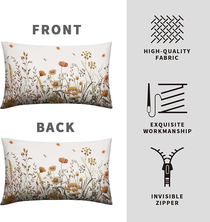 Fall Lumbar Pillow Covers 12x20 Set of 2 Autumn Flowers Decorative Outdoor Throw Pillow Case Burnt Orange Floral Thanksgiving Harvest Rectangle Pillowcase for Couch Sofa