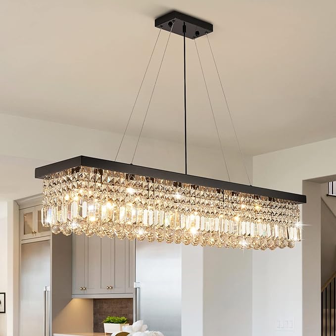7PM Rectangle K9 Crystal Chandelier Modern Rectangular Pendant Lighting Fixture for Dining Room Kitchen Island Bedroom Black L47'' x W10'' x H10''