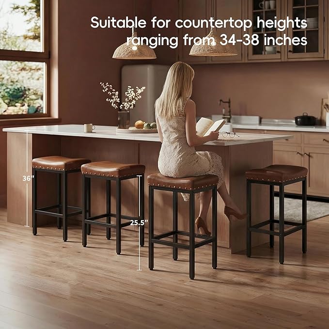 Counter Height Bar Stools Set of 2, 25.5 Inch, Industrial Vintage Bar Stool with Nailhead, Faux Leather Barstool with Footrest, Saddle Stool for Kitchen Island, Dining Room, Easy Assembly