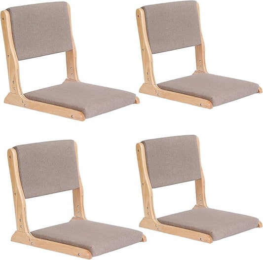 Tiita Floor Chair with Back Support, Foldable Meditation Tatami Chairs, Backrest Chair with Cushion, Living Room Chair Seat 4 Pack, Wood Grey