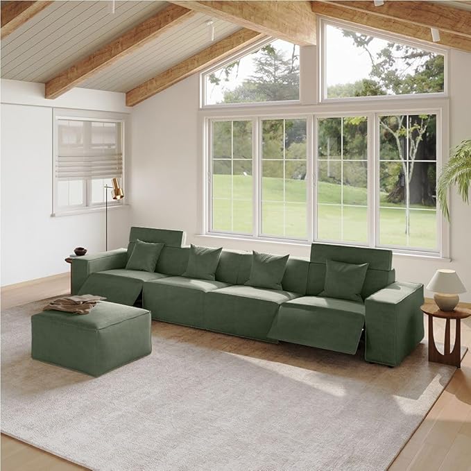 145" Power Sofa,Modular Sectional Couches for Living Room,Modern Large Sofa with Recliners,Comfy Velvet Cloud Couch with Deep Seat with 1 Ottoman,Pet Friendly,Free Combination for Home(Green)