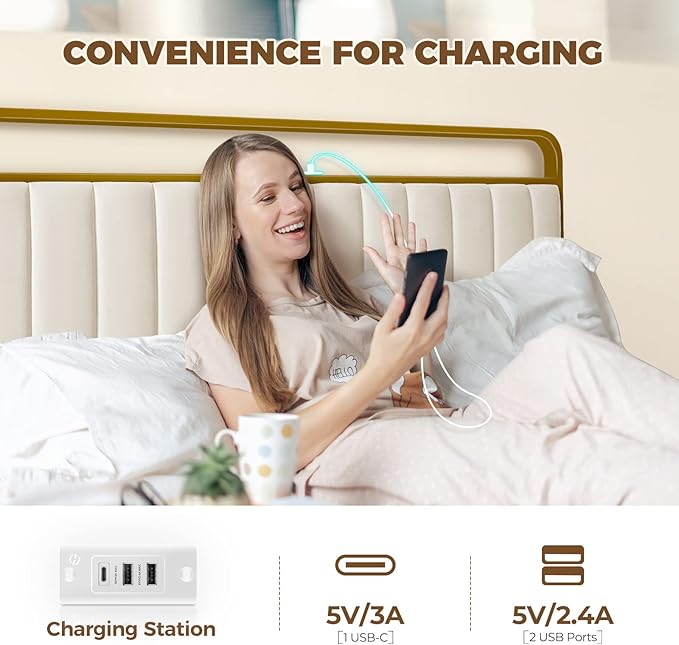 Rolanstar Queen Size Bed Frame with LED Light and Charging Station, Upholstered Headboard and Footboard, Metal Slat, Noise Free, Easy Assembly, Golden