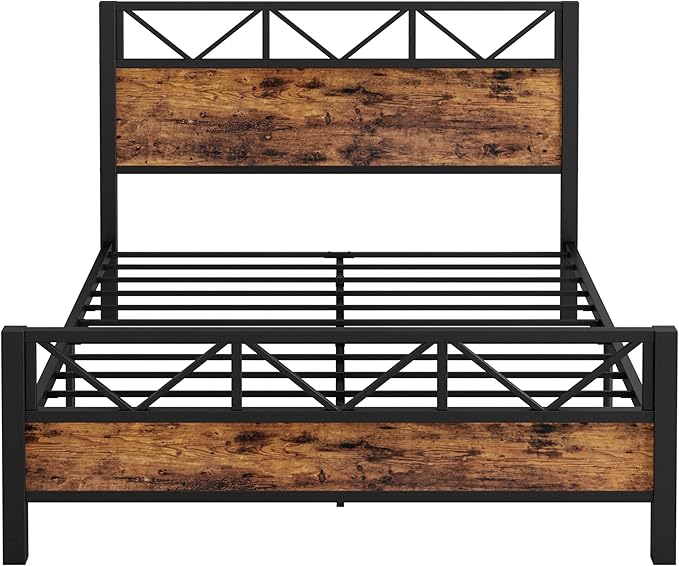 LIKIMIO Queen Bed Frame, Tall Industrial Headboard 51.2 ", Platform Bed Frame with Strong Metal Support, Solid and Stable, Noise Free, No Box Spring Needed, Easy Assembly, Vintage Brown
