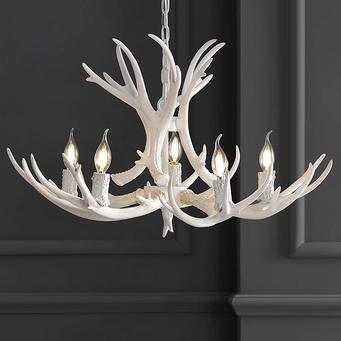 JONATHAN Y 26" White Rustic Resin Antler 4-Light LED Chandelier, Farmhouse Faux Deer Horn Hanging Ceiling Light for Dining Room, Kitchen Island, Adjustable Light Fixture (JYL6300B)