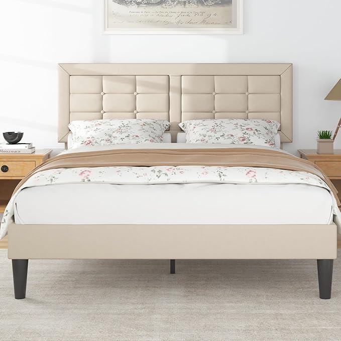 VECELO Full Size Bed Frame with Adjustable Headboard, Upholstered Button Tufted Platform Bedframe with Wood Slats Support, No Box Spring Needed, Beige