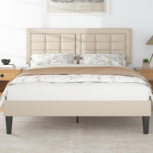 VECELO Full Size Bed Frame with Adjustable Headboard, Upholstered Button Tufted Platform Bedframe with Wood Slats Support, No Box Spring Needed, Beige