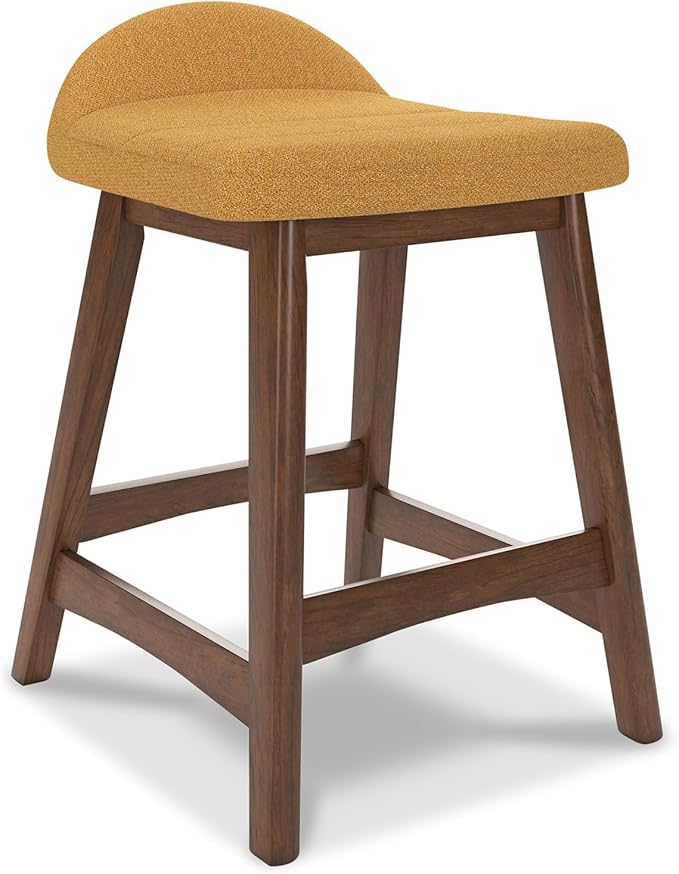 Signature Design by Ashley Lyncott Contemporary 24.25" Seat Height Counter Height Upholstered Bar Stool with Foam Cushion, 2 Count, Mustard Fabric, Solid Hardwood Frame with Brown Finish