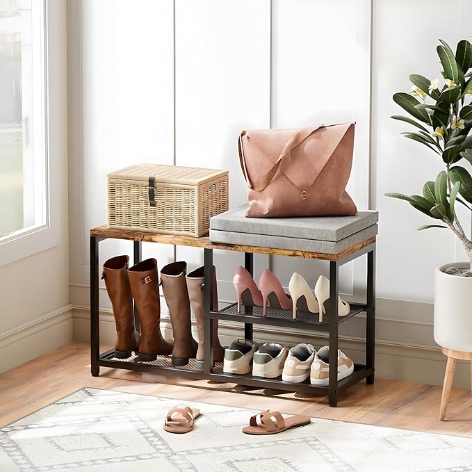 Shoe Rack for Entryway, Freestanding Hidden Shoe Storage Organizer, Boot Shoe Bench Shelves for High Heels with Seat cushion, Narrow Wood Shoe Rack for Entrance Closet, Hallway, 3 Tier (Brown + Gray)