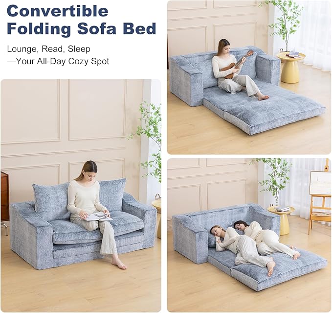 61" Convertible Sofa Bed Loveseat, Memory Foam Boneless Floor Couch with Removable Faux Fur Cover, Tri-folding Compact Full-size Sleeper for Small Living Room, Playroom, Guest Room, RV (White-on-Grey) | Convertible Sofa Bed, Premium Memory Foam, Ergono...