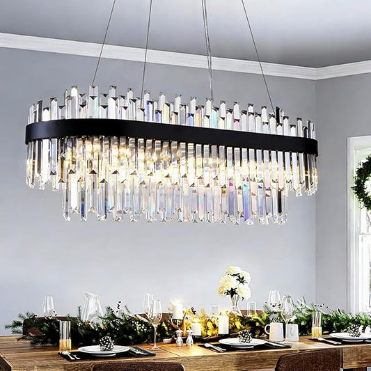 Black Crystal Chandelier for Dining Room, 35.4" Modern Luxury 2-Tier K9 Crystal Oval Chandelier, 10-Light E12 Base Pendant Light Fixture, Height Adjustable for Kitchen Island Living Room