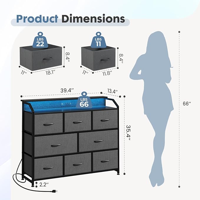 DUMOS TV Stand Dresser with 8 Fabric Drawers, 8-Drawer Chest of Drawers with APP Control LED Lights and Type-C Charging Station, Fabric Storage Tower TV Stand for Living Room, Gray