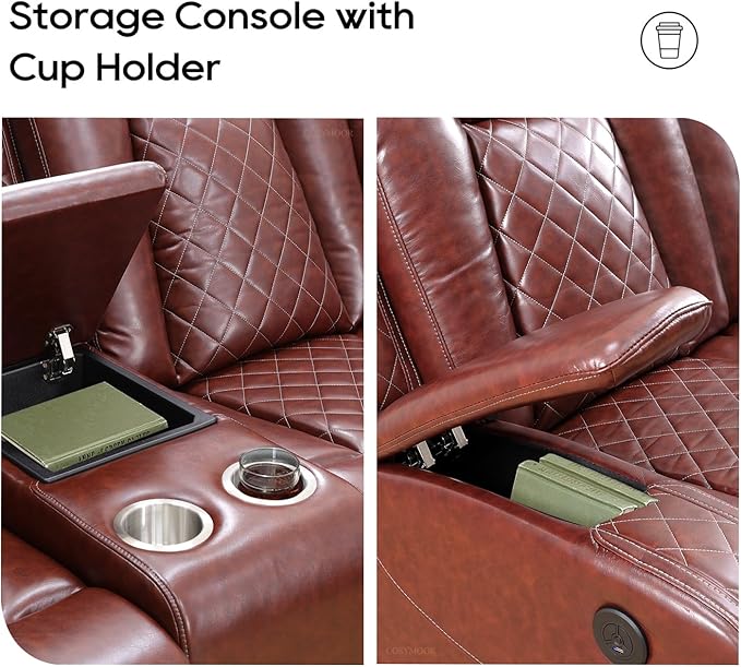 Living Room Furniture Sets, Power Recliner Sofa Sectional Sofa with LED Light for Living Room, Brown Leather Reclining Sectional Couches Set, Cup Holder, Storage Console for Home Theater Seating