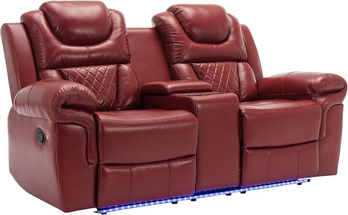 ERYE 73-Inch Oversized Manual Reclining Sofa with LED Strip and Cupholders for Living Room Home Theater, Multifunctional Faux Leather Loveseat Manual Recliner Couches | Storage Console, Cup Holder, LED Light Strips