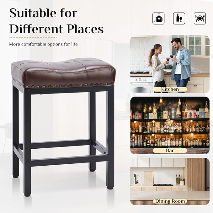 Counter Stools Set of 2 Upholstered Counter Height Bar Stools with Padded Seats and Metal Base, Leather Saddle Stool for Modern Kitchen Island, 22.4-Inch, Brown