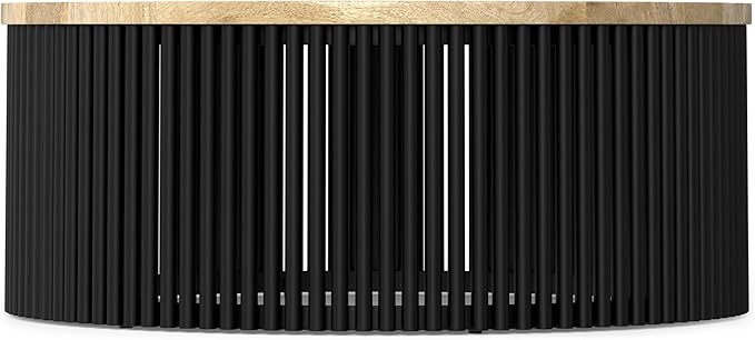 SIMPLIHOME Demy Coffee Table - 35 inch Wide Solid Wood Industrial Contemporary Round Cocktail Table in Natural and Black, Sculptural Living Room Table with Powder Coated Metal Base, Assembled