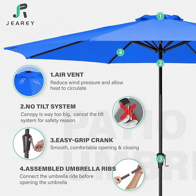 JEAREY 11' Patio Umbrellas Outdoor Table Market Umbrella w/Crank, 8 Sturdy Ribs, UV Protection Windproof for Garden, Deck, Backyard, Pool(Royal Blue)