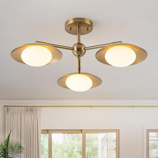 3-Light Flying Saucer Semi-Flush Mount Ceiling Light, Mid-Century Milk White Glass Globes Chandelier for Dining Room Living Room, 20.5" Wide, Brushed Brass Gold