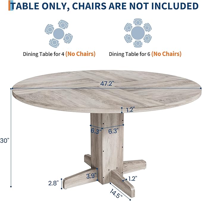 GAOMON Round Dining Table for 4-6 People,Circle Dining Table, 47 Inch Farmhouse Kitchen Table with Sturdy Pedestal Base,Finish Circle Table for Dining Room, Living Room, Apartment