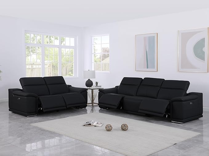 BlackJack Furniture Venice Top Grain Italian Leather Recliner 5 Seater 4 Power Reclining Seater 2 Piece Sofa Set with Adjustable Headrests Modern Seating Sofa and Loveseat for Living Room , Black