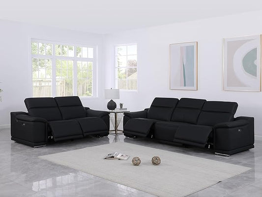 BlackJack Furniture Venice Top Grain Italian Leather Recliner 5 Seater 4 Power Reclining Seater 2 Piece Sofa Set with Adjustable Headrests Modern Seating Sofa and Loveseat for Living Room , Black