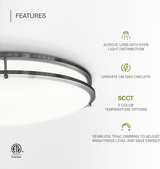 ASD LED 24" Oval Flush Mount Lighting, Close to Ceiling Light Fixture | 5CCT, Dimmable, ETL Listed | 38W 3289LM 2700-5000K 120V | Low Profile Double Ring Lamp | Nickel, 2 Pack