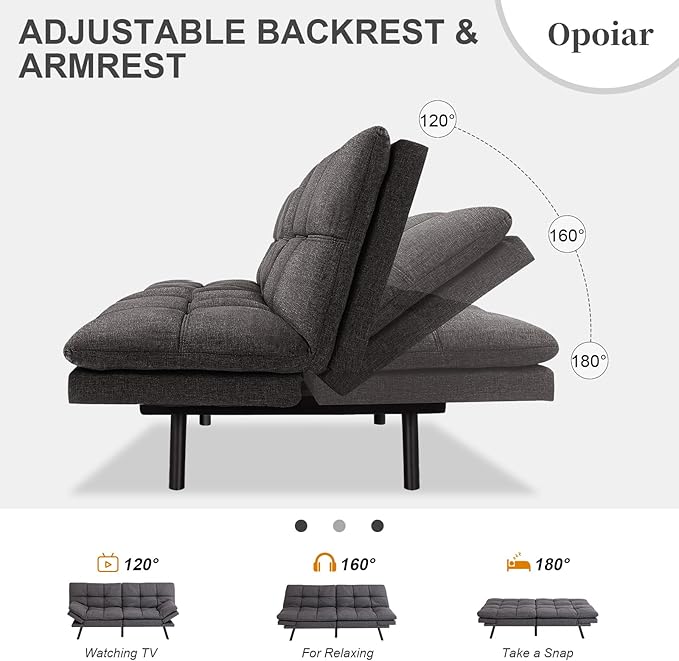 Opoiar Futon Sofa Bed Convertible Memory Foam Grey Couch Bed Futon Sets Folding Modern Sleeper Sofa Gray Loveseat for Studio,Drom,Apartment,Game Room and Small Space
