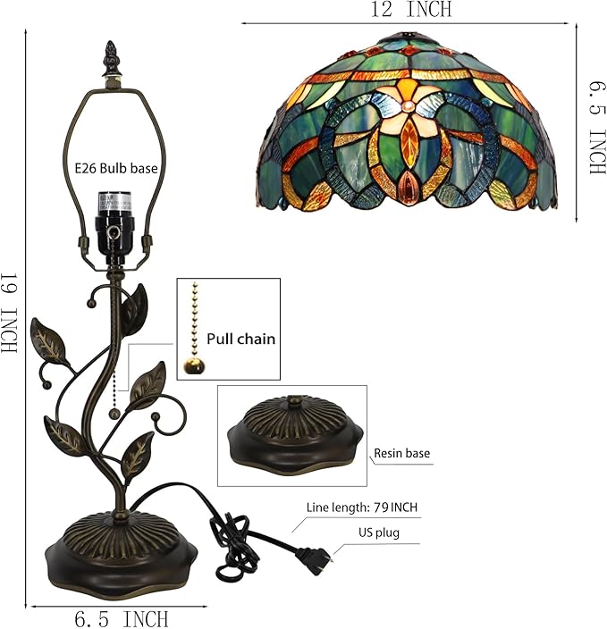 Tiffany Table Lamp, Stained Glass Desk Light, W12H19 Inch, Metal Leaf Base (Blue Baroque Style)
