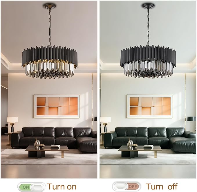 Black Crystal Chandelier 23.62'' K9 Smoke Crystal Round Pendant Lights 8 Lights 5-Tier Large Modern Chandelier for Dining Room Living Room Bedroom Foyer Entryway
