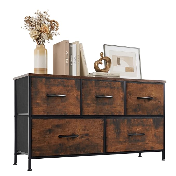Dresser with 5 Drawers for Bedroom, Fabric Clothes Cabinet for Closet, Anti-Tip TV Stand for 45" TV, Storage Dresser with Metal Frame for Living Room, Entryway, Dorm, Brown