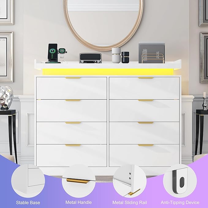 8 Drawer Dresser for Bedroom, White Dresser with LED Lights and Power Outlet, Wooden Dressers Chests of Drawers, Double Wide Dressers for Bedroom, Entryway, Hallway