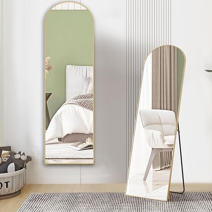 OLIXIS Arched Full Length Mirror 59"x16" for Bedroom, Full Body Mirror with Stand, Hanging or Leaning for Wall, Aluminum Alloy Thin Frame Floor Standing for Living Room, Tall, Gold