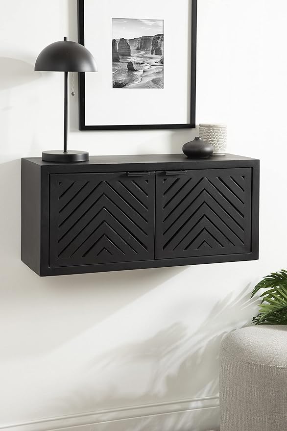 Kate and Laurel Mezzeta Decorative 2-Door Wall Cabinet; 30 x 10 x 14; Black; Decorative Modern Storage Cabinet with Doors