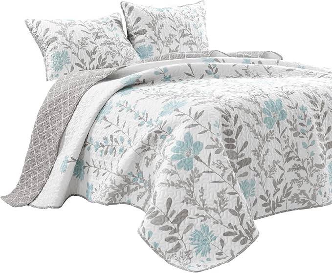 Lush Decor Aprile Reversible Floral Quilt King Size 3 Piece Set King, Blue & Gray - Bedding Set - Floral Quilt - Cottage Bedroom Décor