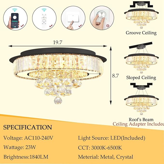19.6'' Black Modern Crystal Chandeliers for Dining Room LED Dimmable Light Fixtures Flush Mount Light Living Room Bedrooms