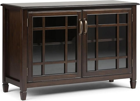 SIMPLIHOME Connaught Storage Cabinet - 46 inch Wide Solid Wood Low Storage Cabinet in Dark Chestnut Brown, Traditional Console for Living Room, Entryway, or Dining Room with Glass Doors and Shelves