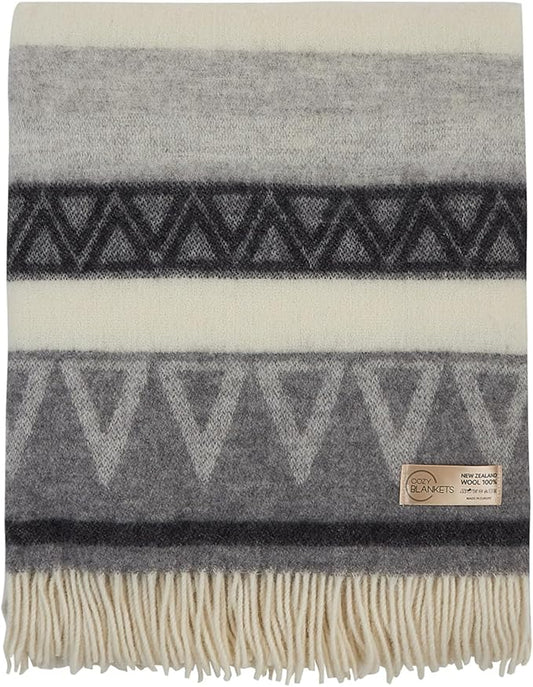 Wool Blanket | 100% Wool from New Zealand | Perfect as a Throw Blanket / Sofa Blanket | Virgin Wool Blanket with Fringes in Stripes Designs (140 x 200 cm)