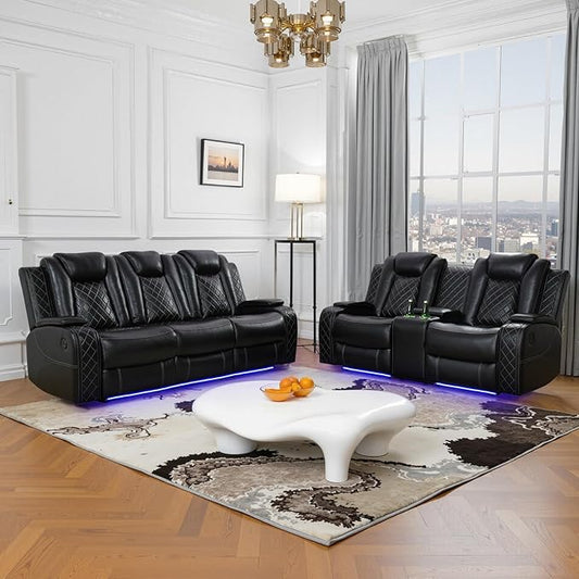 Power Recliner Sofa Set for Living Room, Leather Reclining Sofa Sets with Storage Console, Living Room Furniture Sets with LED Lights(Sofa and loveseat,Black)
