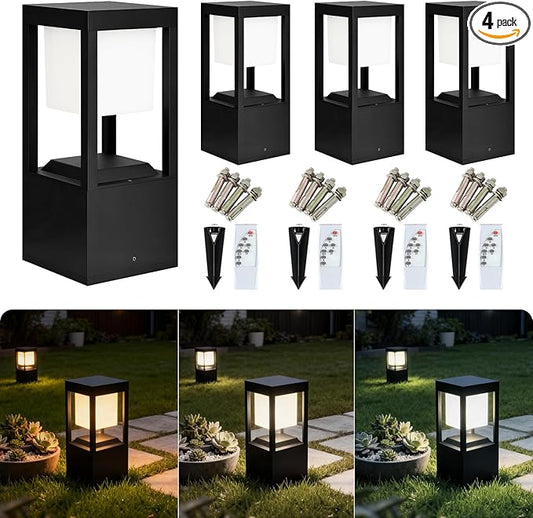 Solar Bollard Lights Outdoor, Premium Modern Led Landscape Pathway Lights Waterpoorf, Path Lighting for Garden Yard Walkway, 3CCT Seturable, Dusk to Dawn, Auto On/Off (4 Pack)