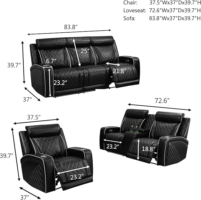Power Recliner Sofa Set with LED, Breathable Leather Recliner Couch Loveseat Chair Set with USB Port/Cup Holder/Storage, 3 Piece Reclining Living Room Set for Home Theater (Black-3)
