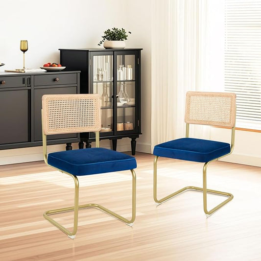 CangLong Velvet Dining Chairs Set of 2, Rattan Dining Chairs with Metal Legs & Natural Mesh Rattan Backrest, Armless Accent Chairs with Upholstered Cushion for Kitchen, Living Room, Blue