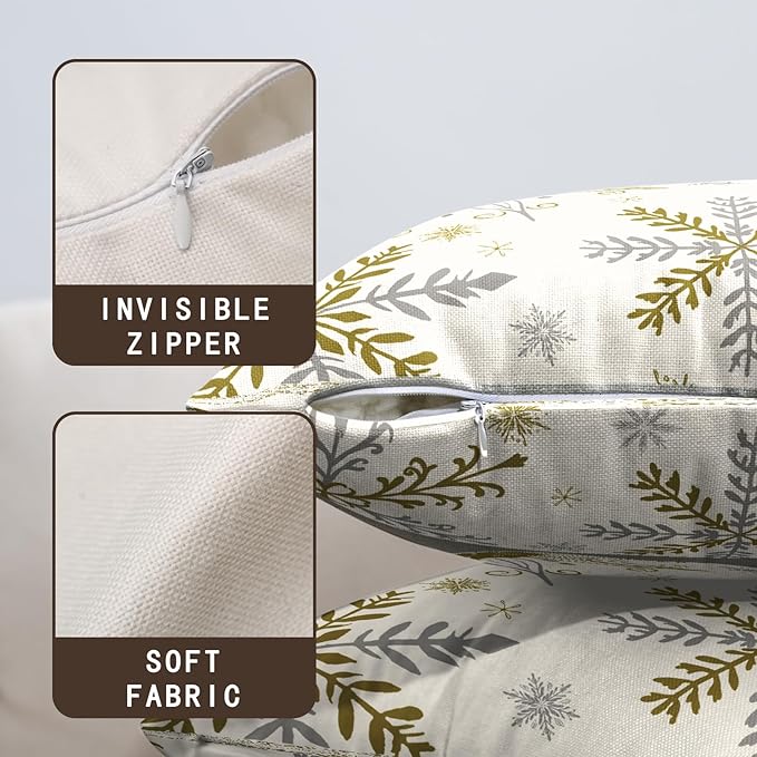 Christmas Snowflake Pillow Covers White Gold Gray Xmas Throw Pillow Cases 18x18 Set of 2 Seasonal Winter Holiday Cotton Linen Pillowcase for Farmhouse Couch Sofa Living Room Decor